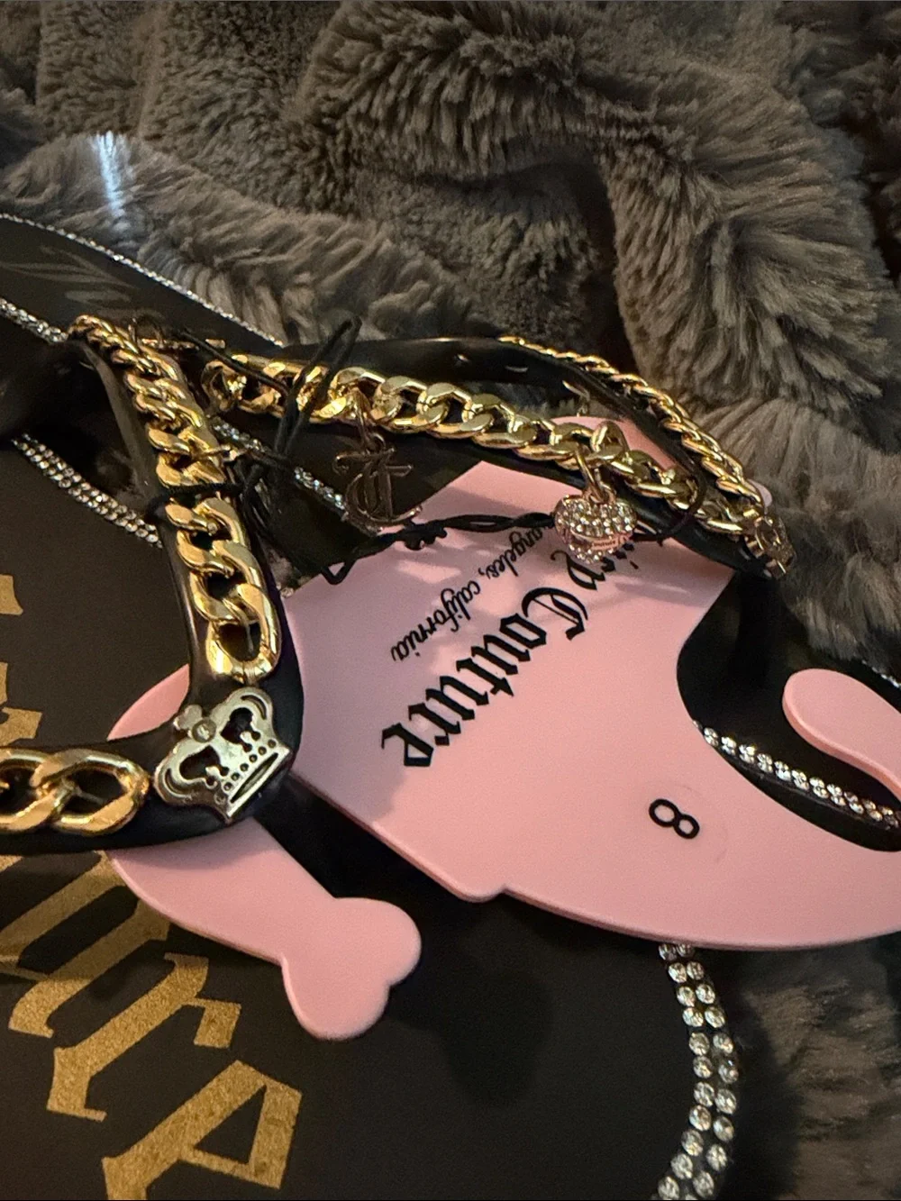 Juicy Couture Black Flip Flops with Gold Script & Chain